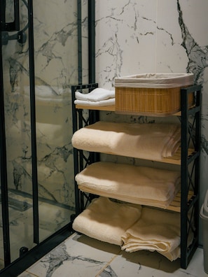 Separate bathtub and shower, jetted bath, rainfall showerhead