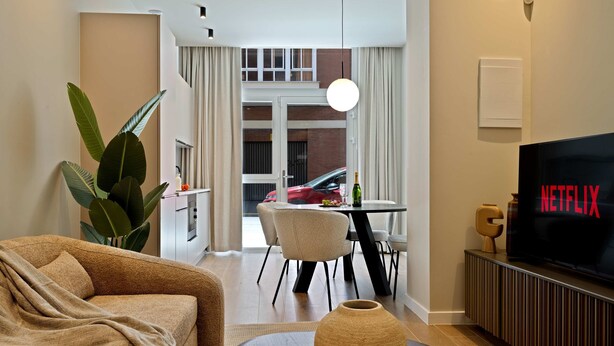 Een moderne woonkamer met een bank, een televisie waarop 'NETFLIX' wordt weergegeven, een eethoek met stoelen, een grote plant en uitzicht op buiten.