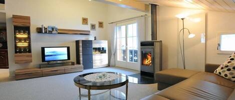 Smart TV, fireplace, books