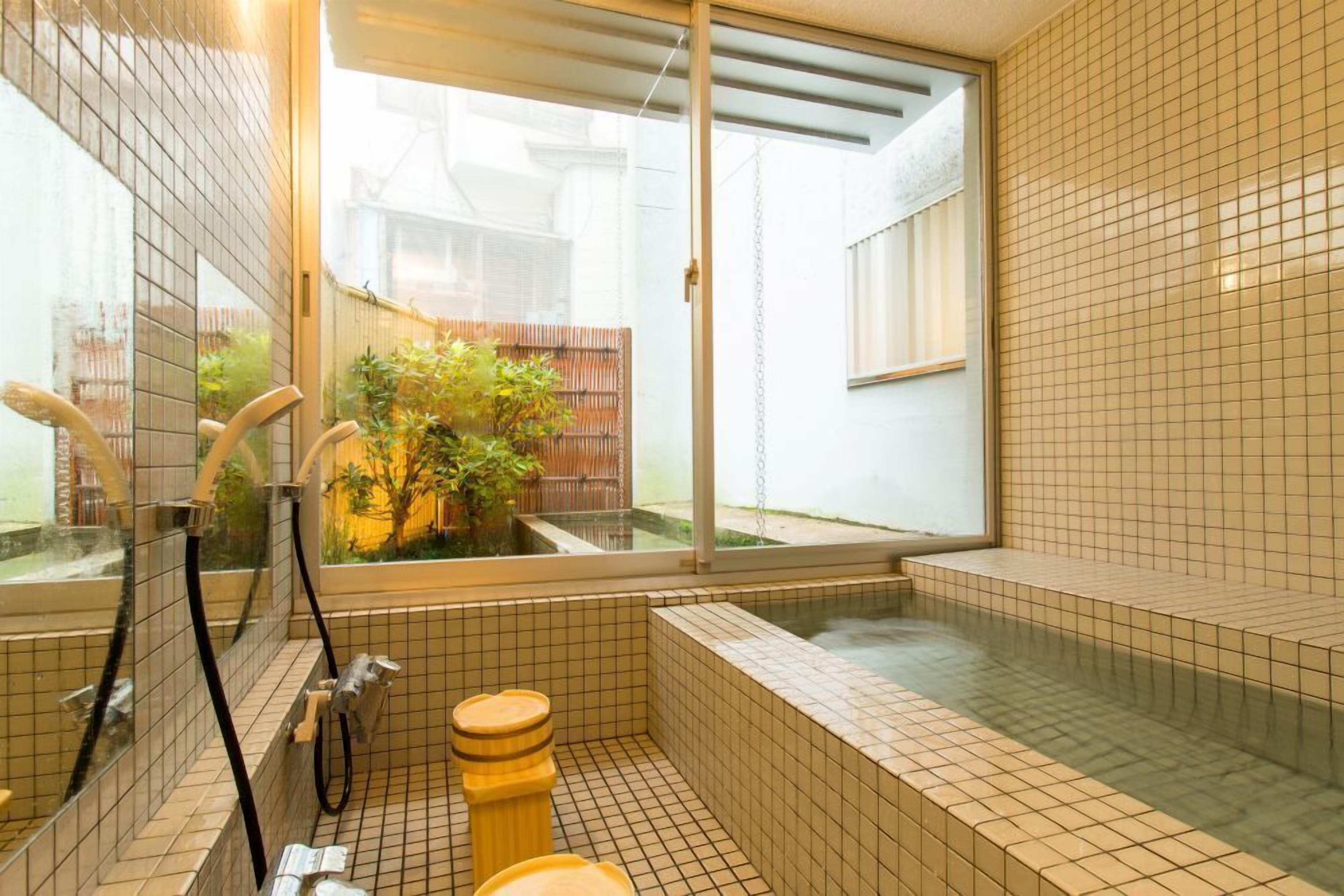 Une salle de bain avec une baignoire, une fenêtre et un petit jardin visible à travers la fenêtre.