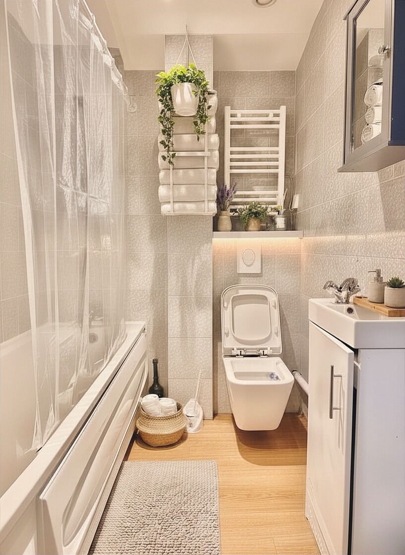 A compact bathroom with a shower, toilet, and sink.