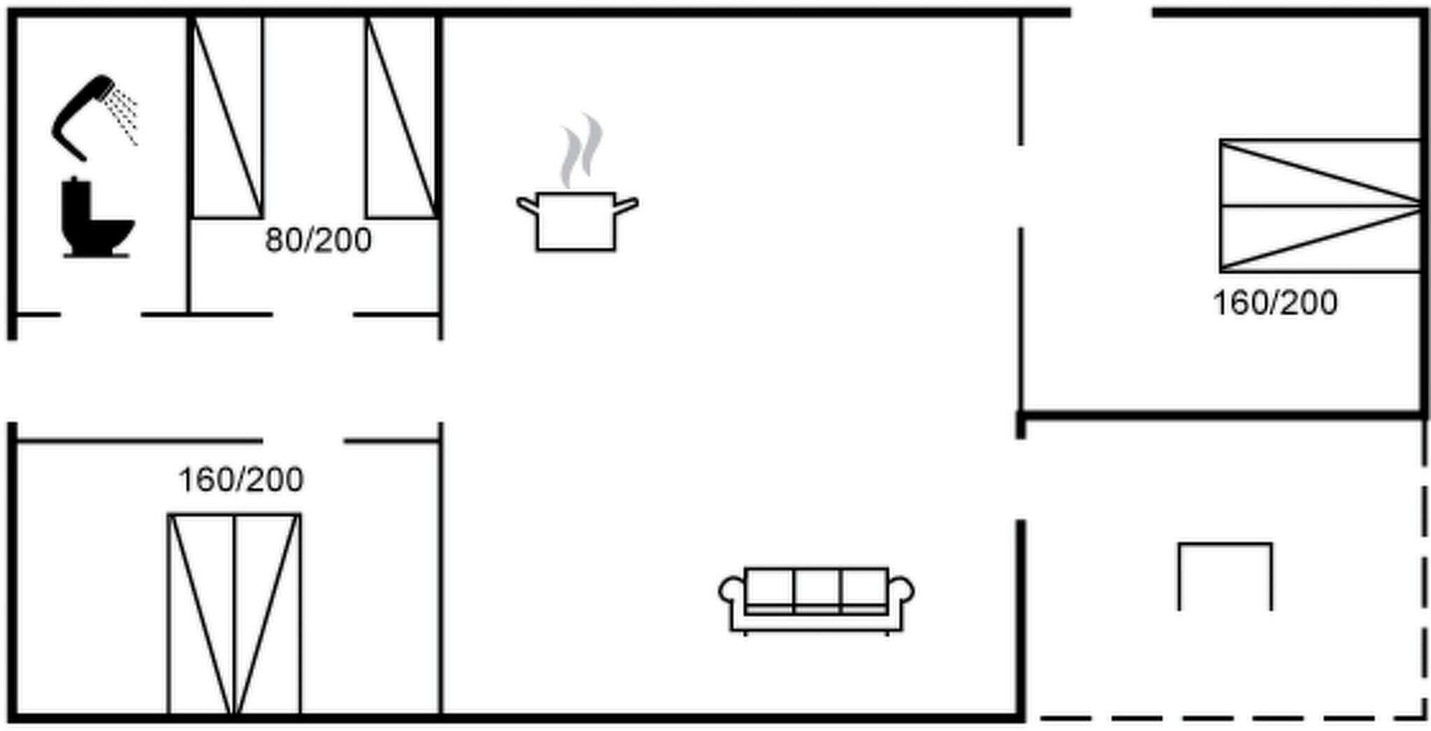 Un plan d’étage comprenant une salle de bain, un coin cuisine et un espace de vie.