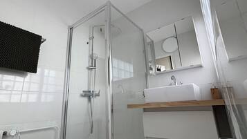 Shower, towels, toilet paper