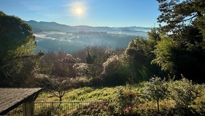 Un paysage montagneux, avec un ciel dégagé et un soleil éclatant.
