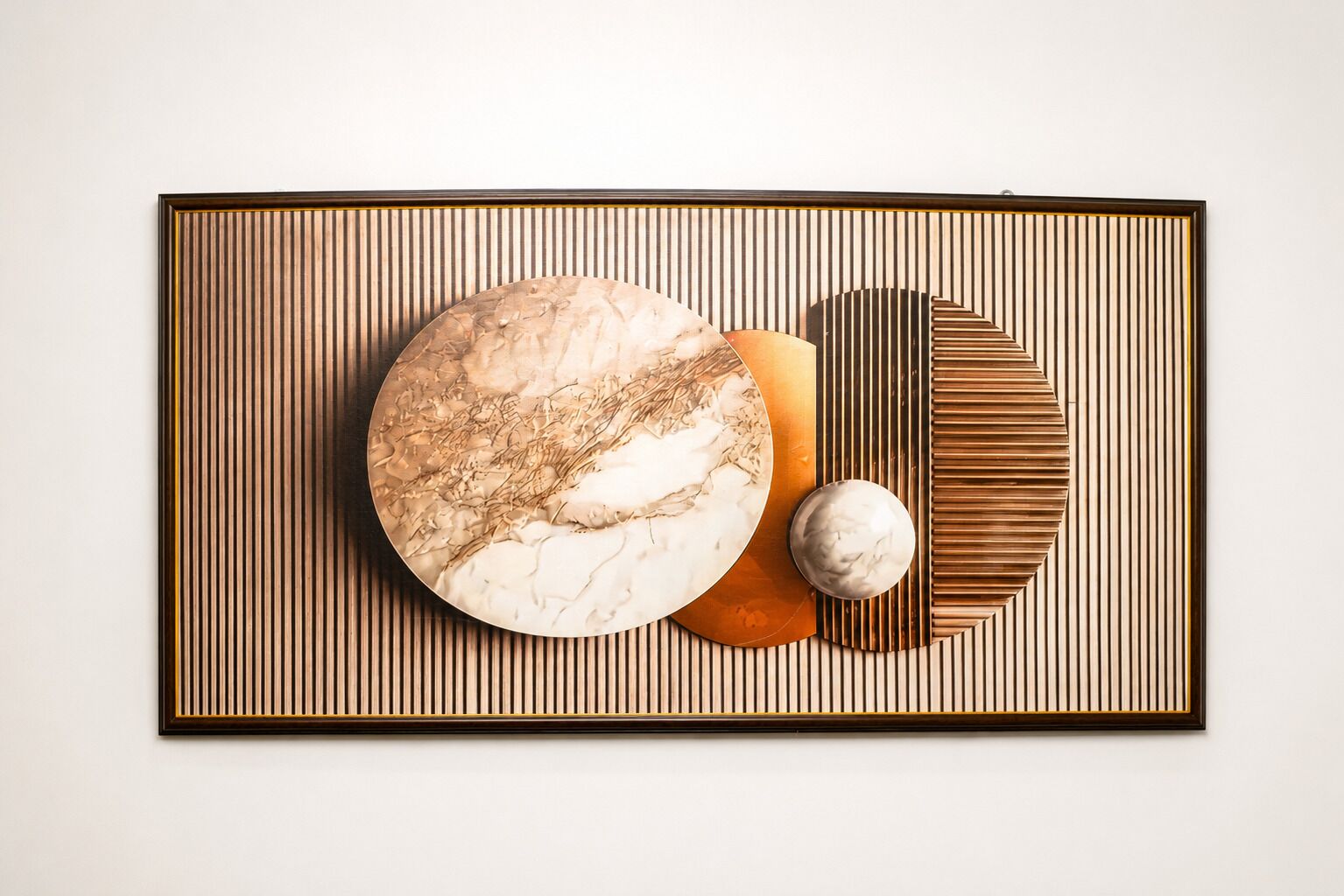 A framed artwork with a circular and rectangular design on a textured background.