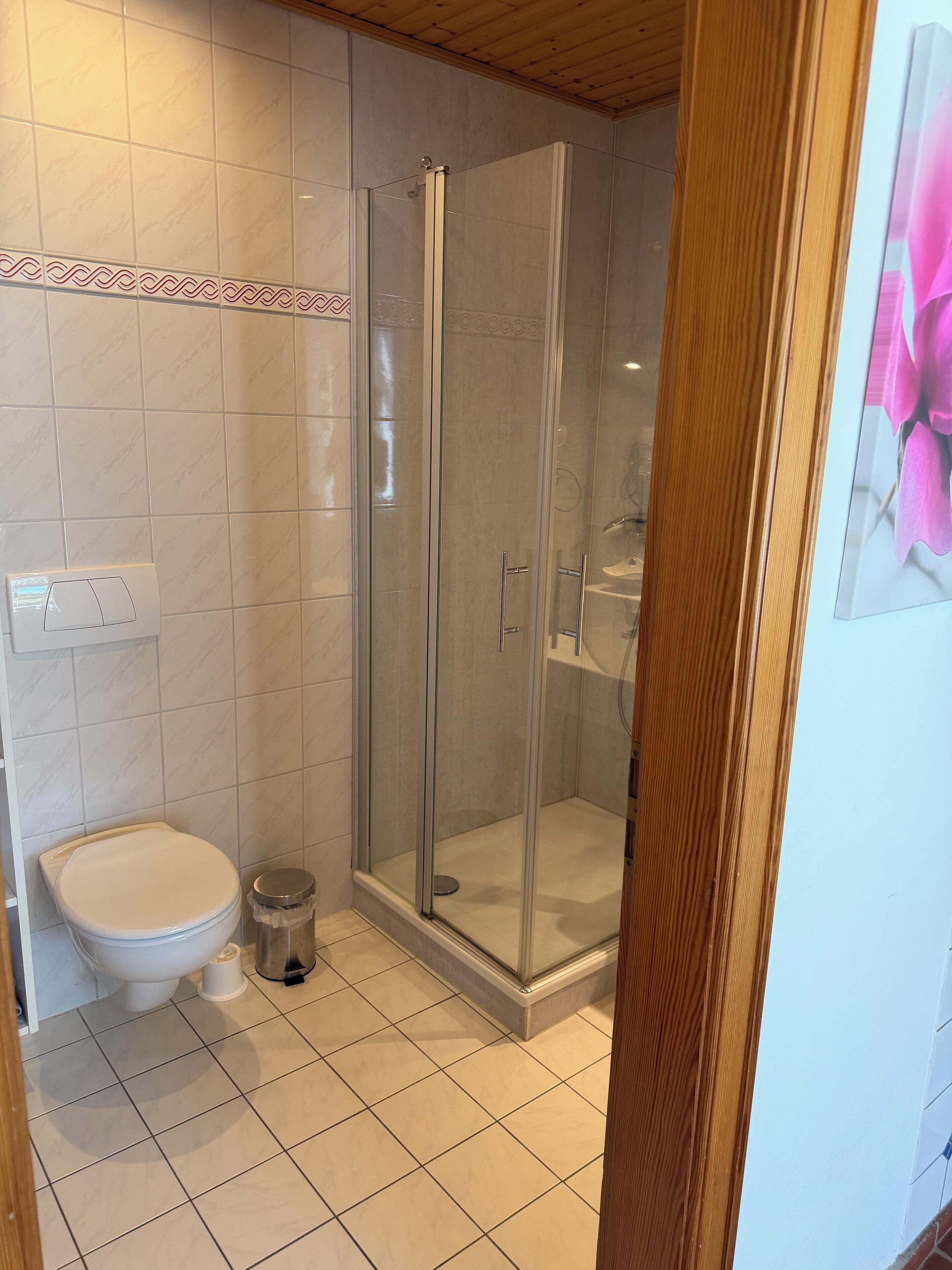 Ein Badezimmer mit Toilette, einer Duschkabine und einem Mülleimer.