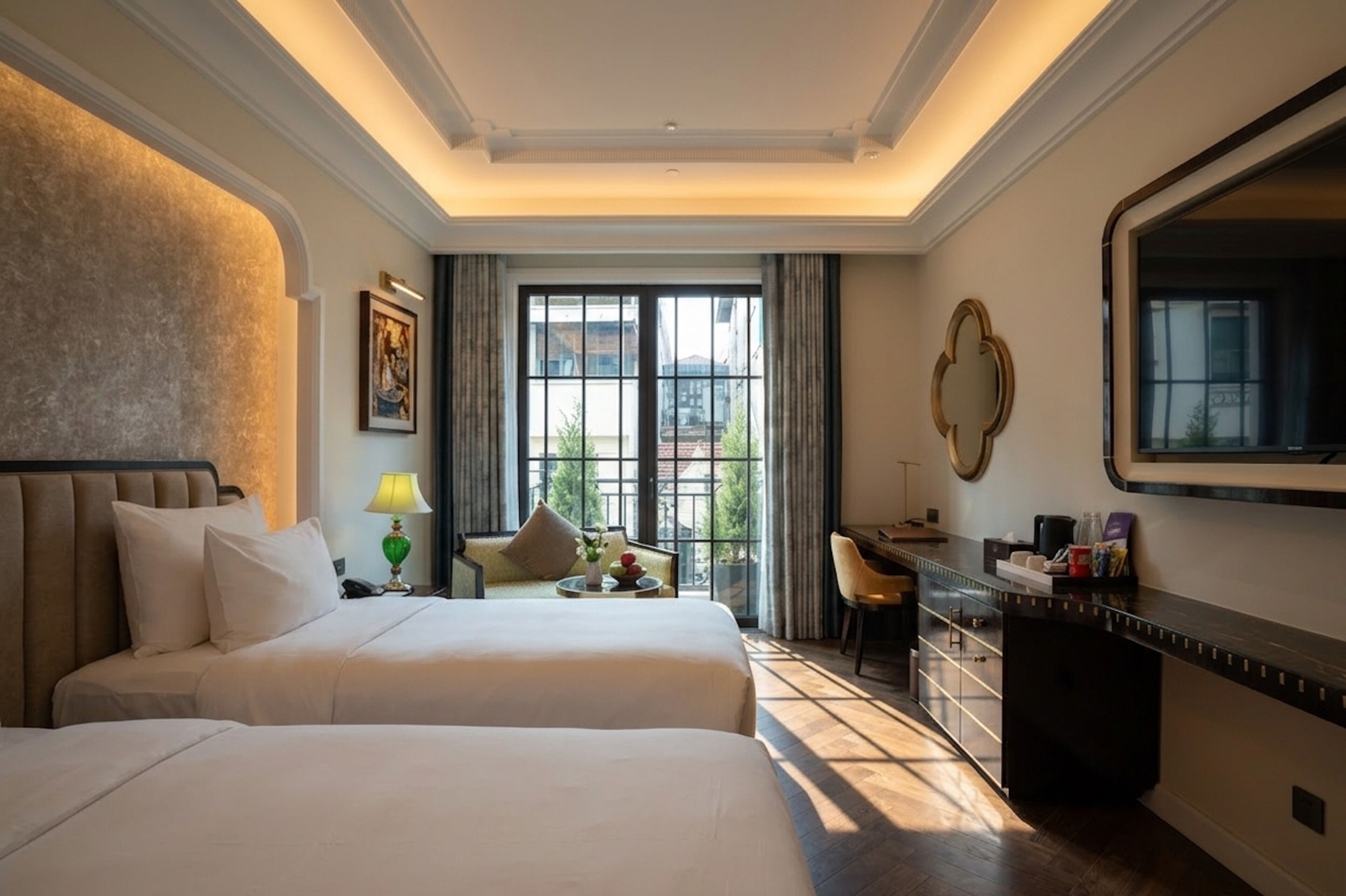 Memory-foam beds, minibar, in-room safe, desk