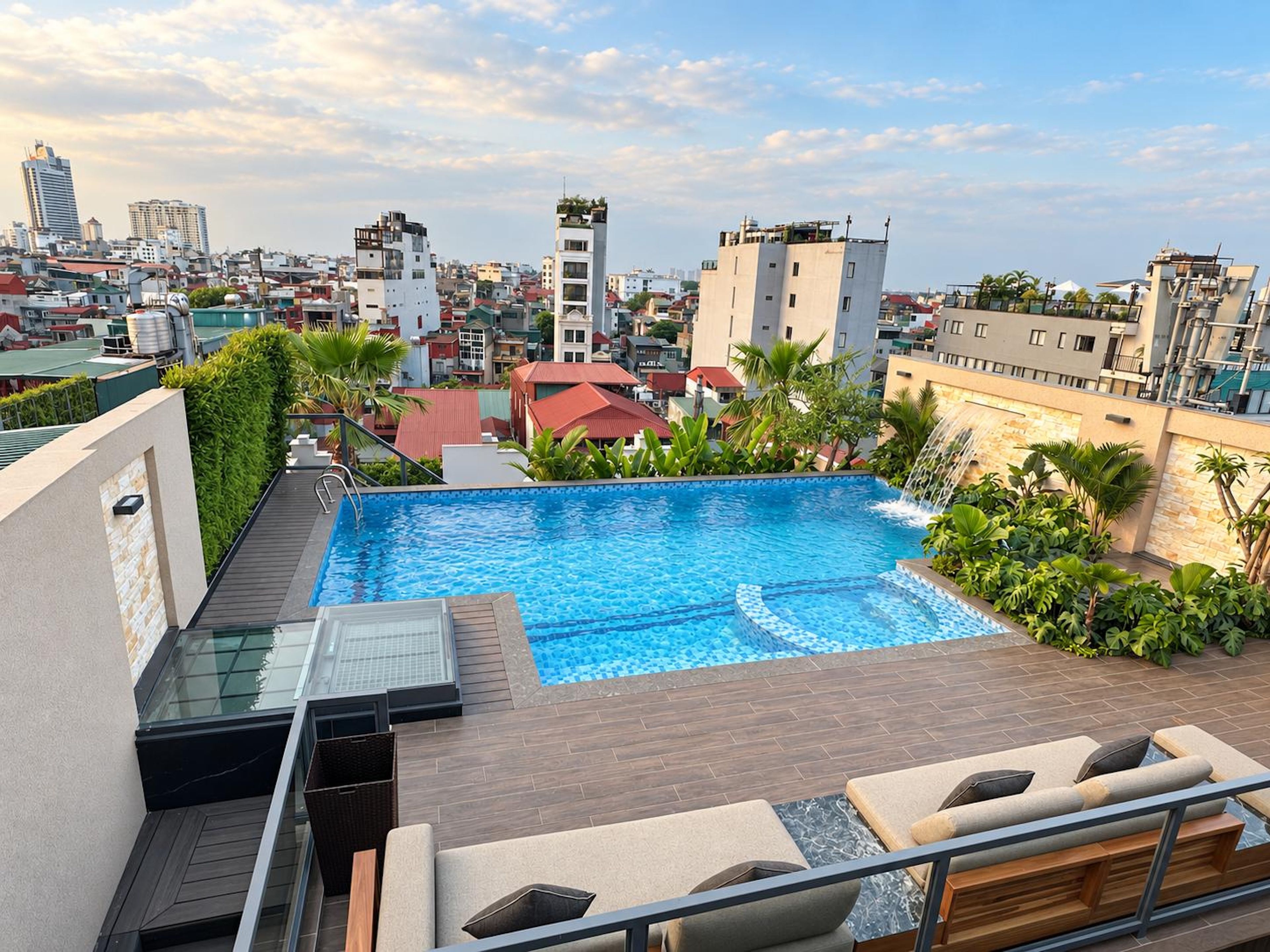 Una piscina en la azotea con vistas a un paisaje urbano, rodeada de vegetación y arquitectura moderna.
