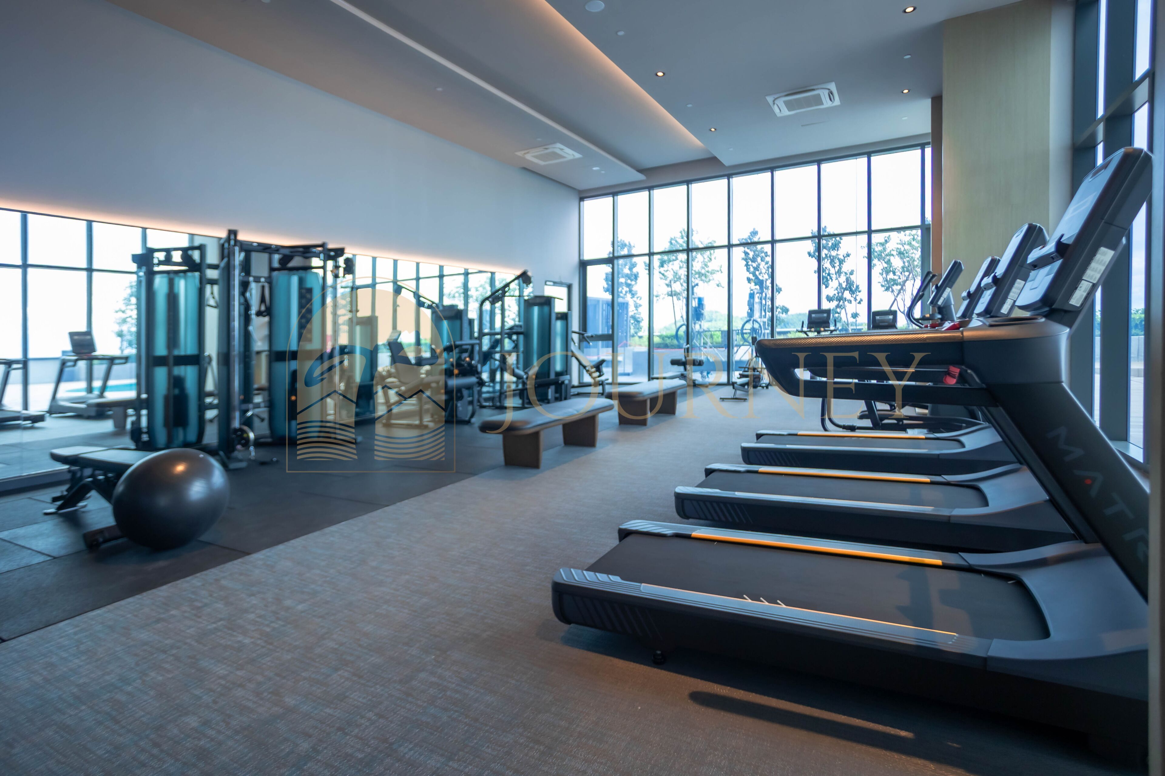 A gym with treadmills, exercise balls, and weight machines.