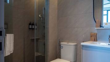 A modern bathroom with a glass-enclosed shower, a toilet, and a sink with a mirror above it.