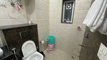 Bidet, towels, soap, toilet paper