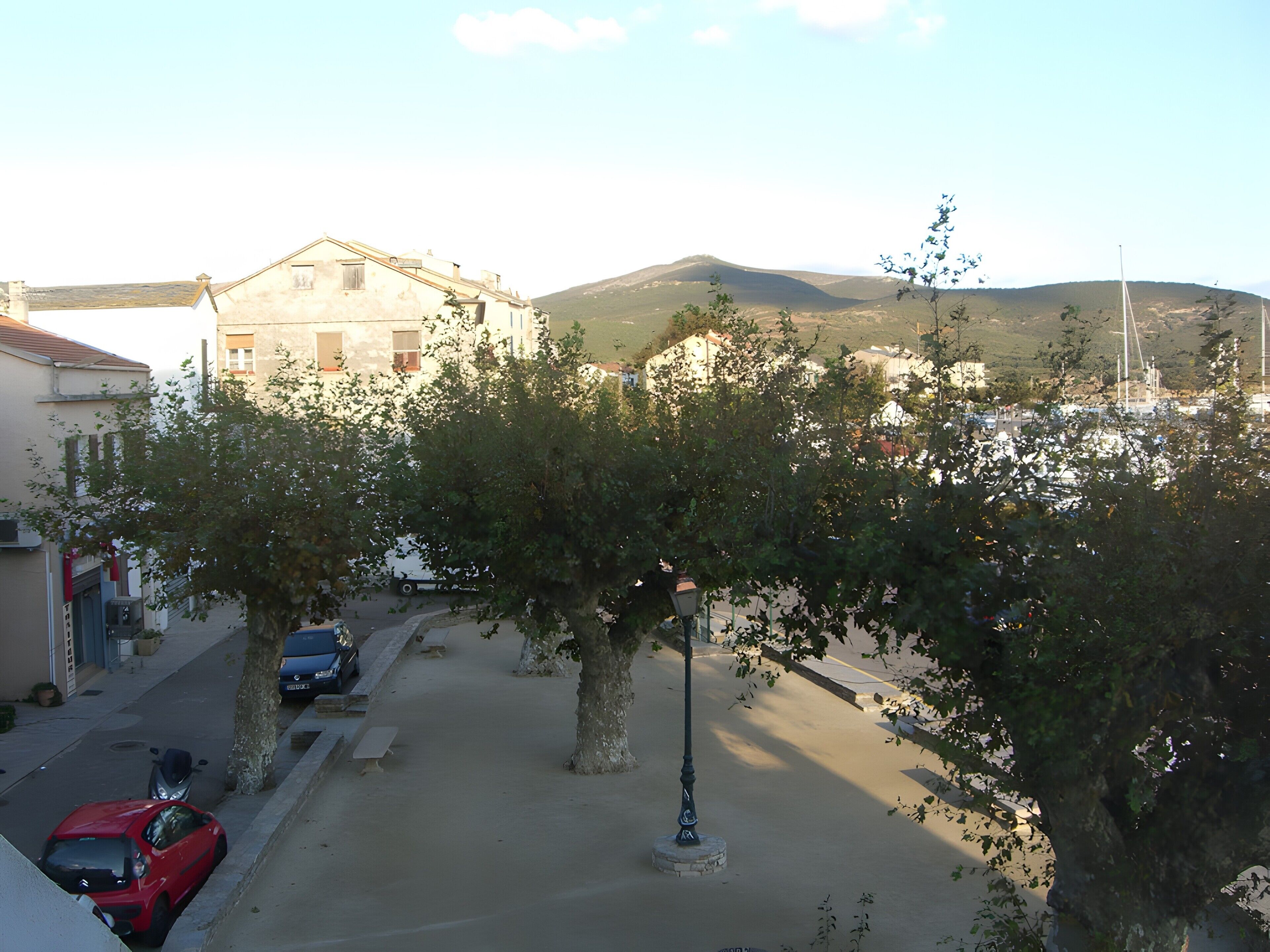 A street view with a tree-lined road, parked cars, and buildings in the background.