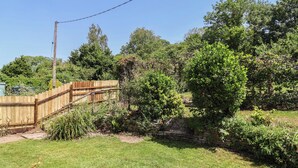 A backyard with a wooden fence, a stone wall, and various plants. - Tane (Blandford Forum)