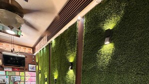 A reception area with a green wall, a reception desk, and a television.