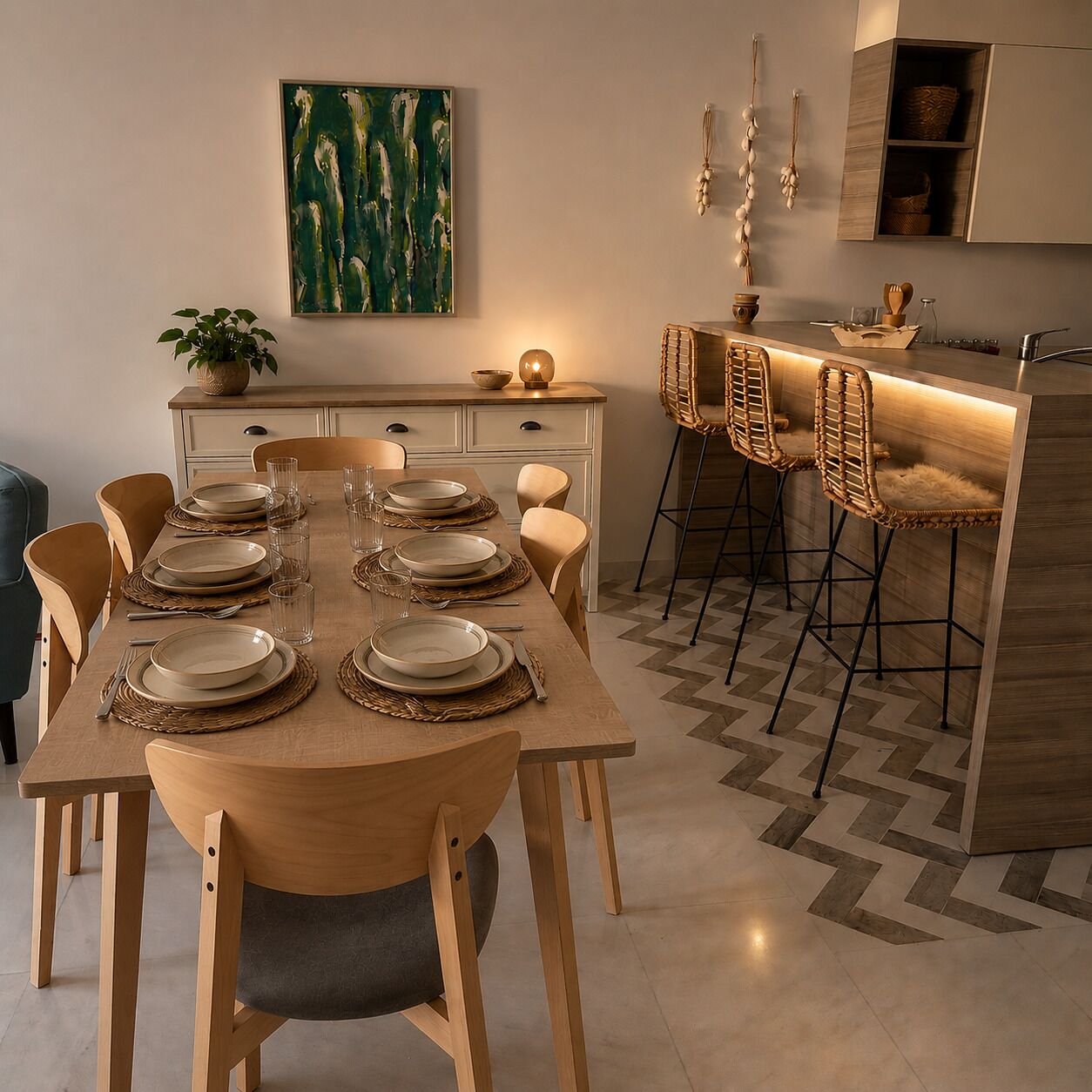 A modern dining area with a wooden table set for six, a kitchen with a bar, and a decorative painting on the wall.