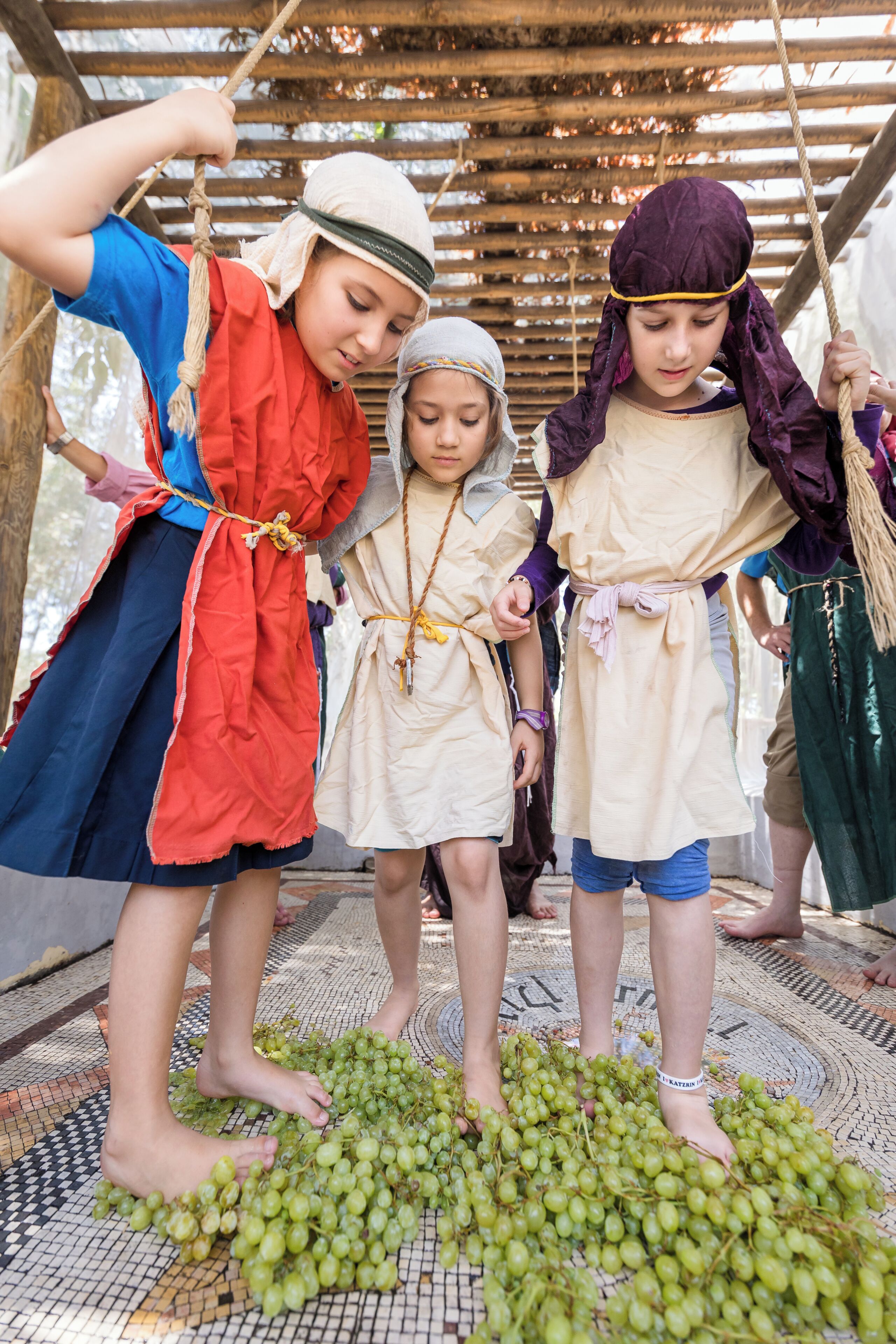 Kinderen in historische kostuums kijken naar een hoop groene druiven.