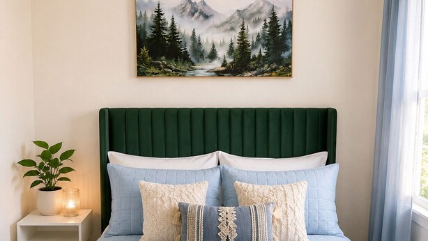 Ein Schlafzimmer mit einem Bett, einem Nachttisch mit Pflanze, einem Bild an der Wand und einem Fenster mit Vorhängen.