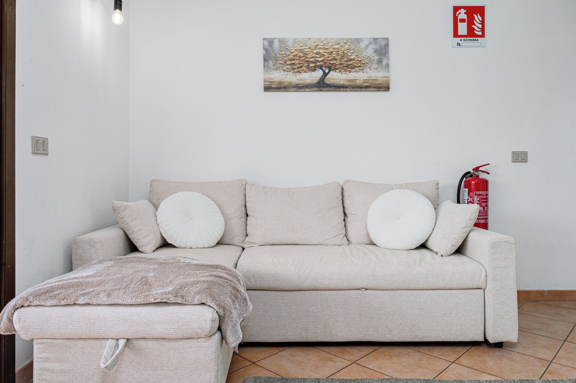 A beige sofa with two round cushions, a blanket, a fire extinguisher, and a painting of a tree on the wall.