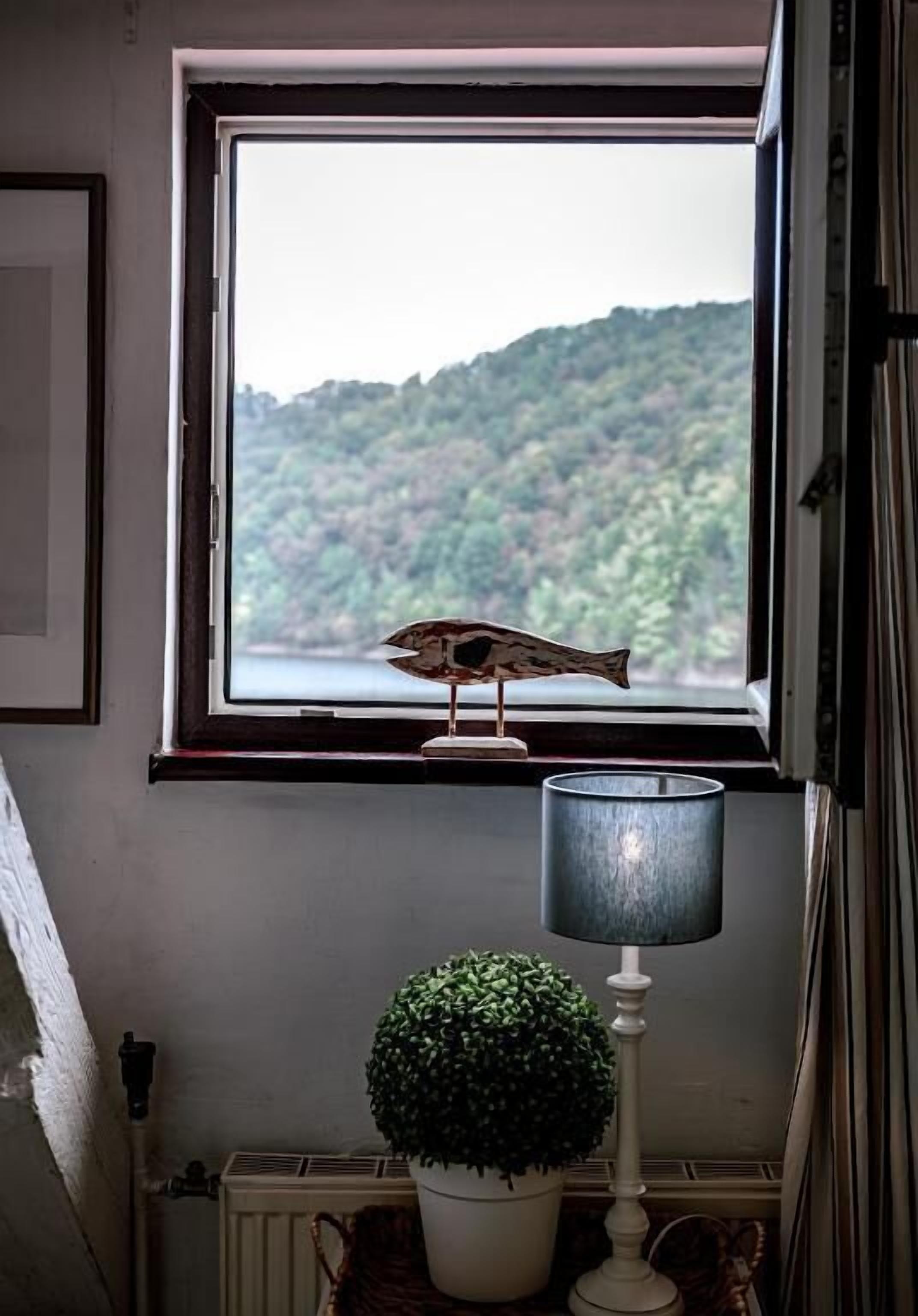 A window with a view of a forested hill, a lamp, and a small potted plant.