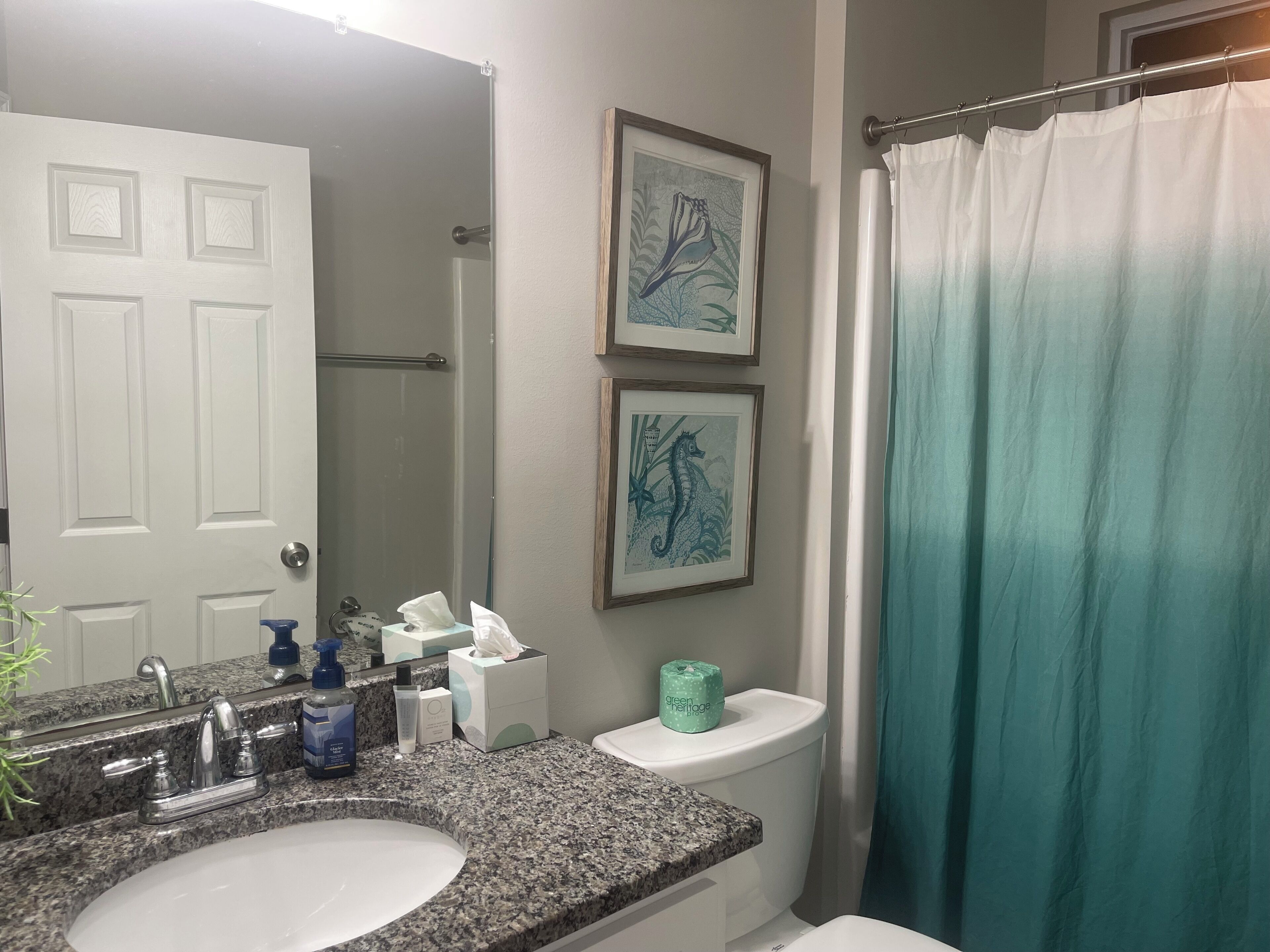 Une salle de bain dotée d’un comptoir en granit, d’un lavabo blanc, de toilettes, d’une douche et de deux œuvres d’art encadrées accrochées au mur.