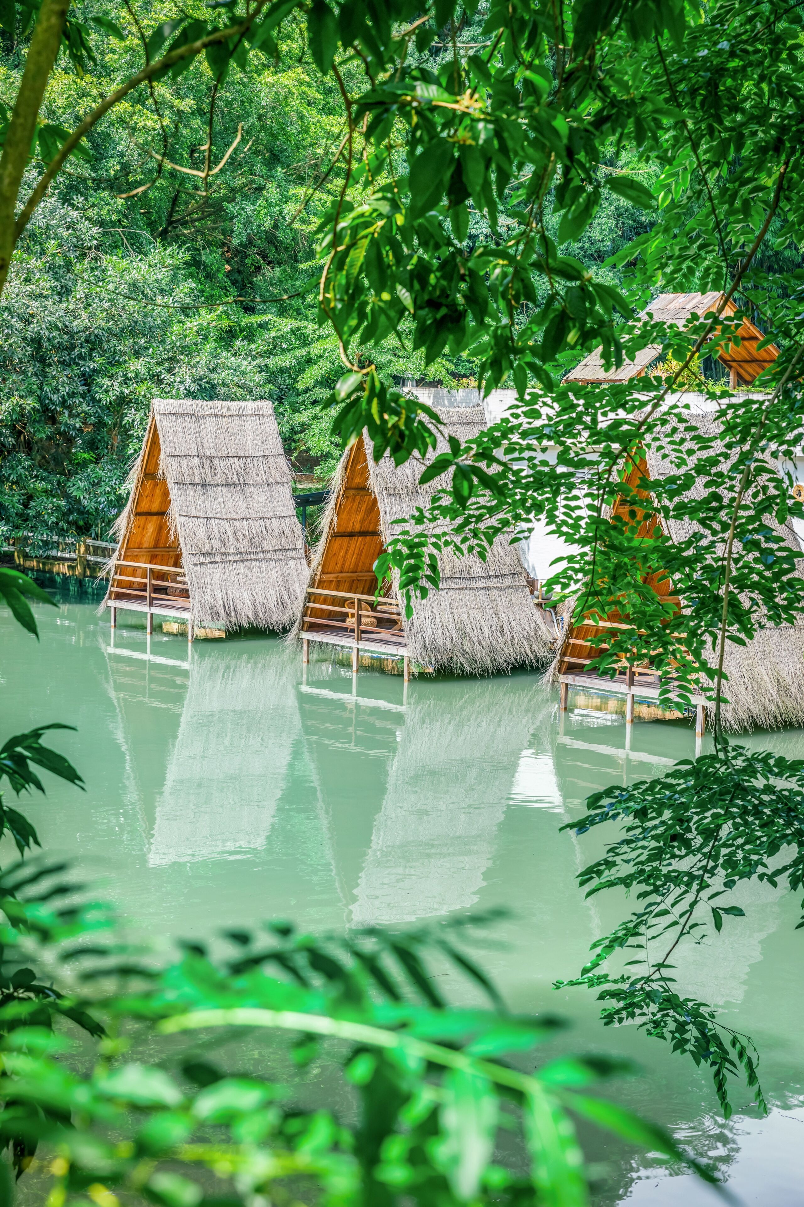 Cabañas con techo de paja sobre pilotes en el agua, rodeadas de abundante vegetación.