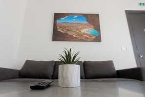 Ein Zimmer mit einer Couch, einer Fernbedienung und einem Blumentopf.
