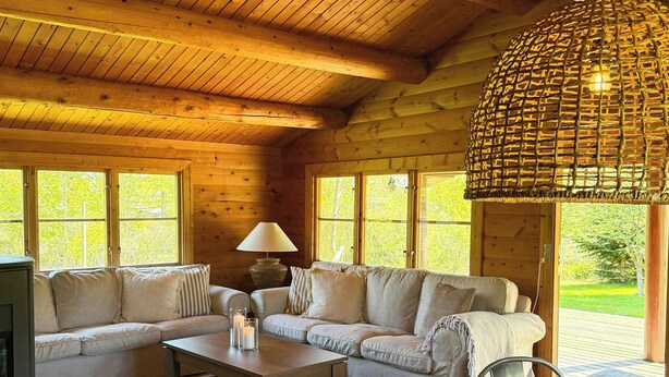 Un intérieur en bois avec un canapé, une table et une lampe suspendue.