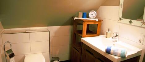 A small bathroom with a toilet, a sink, a mirror, and a clock on the wall.