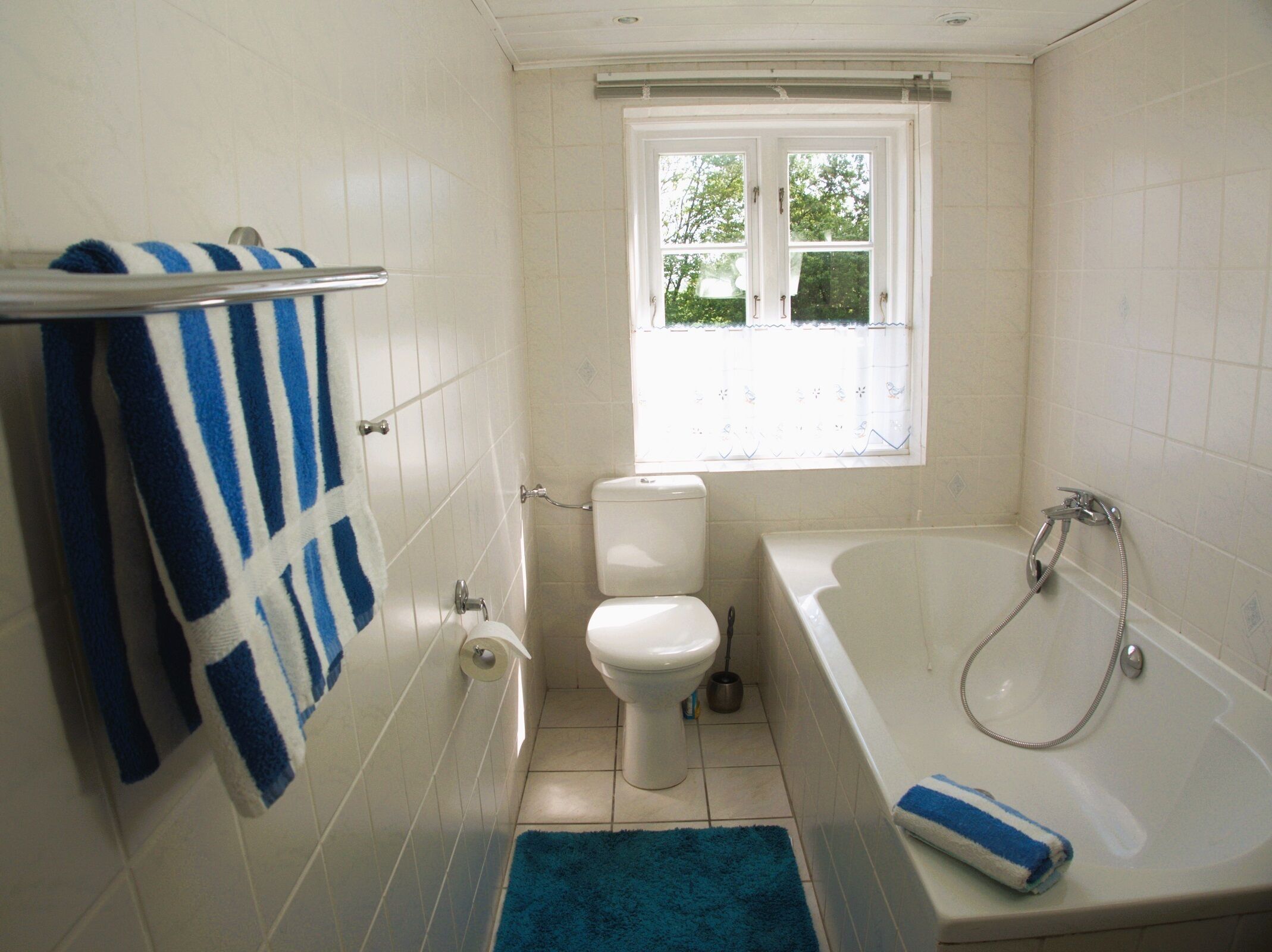 Ein Badezimmer mit Toilette, einer Badewanne und einem Fenster.
