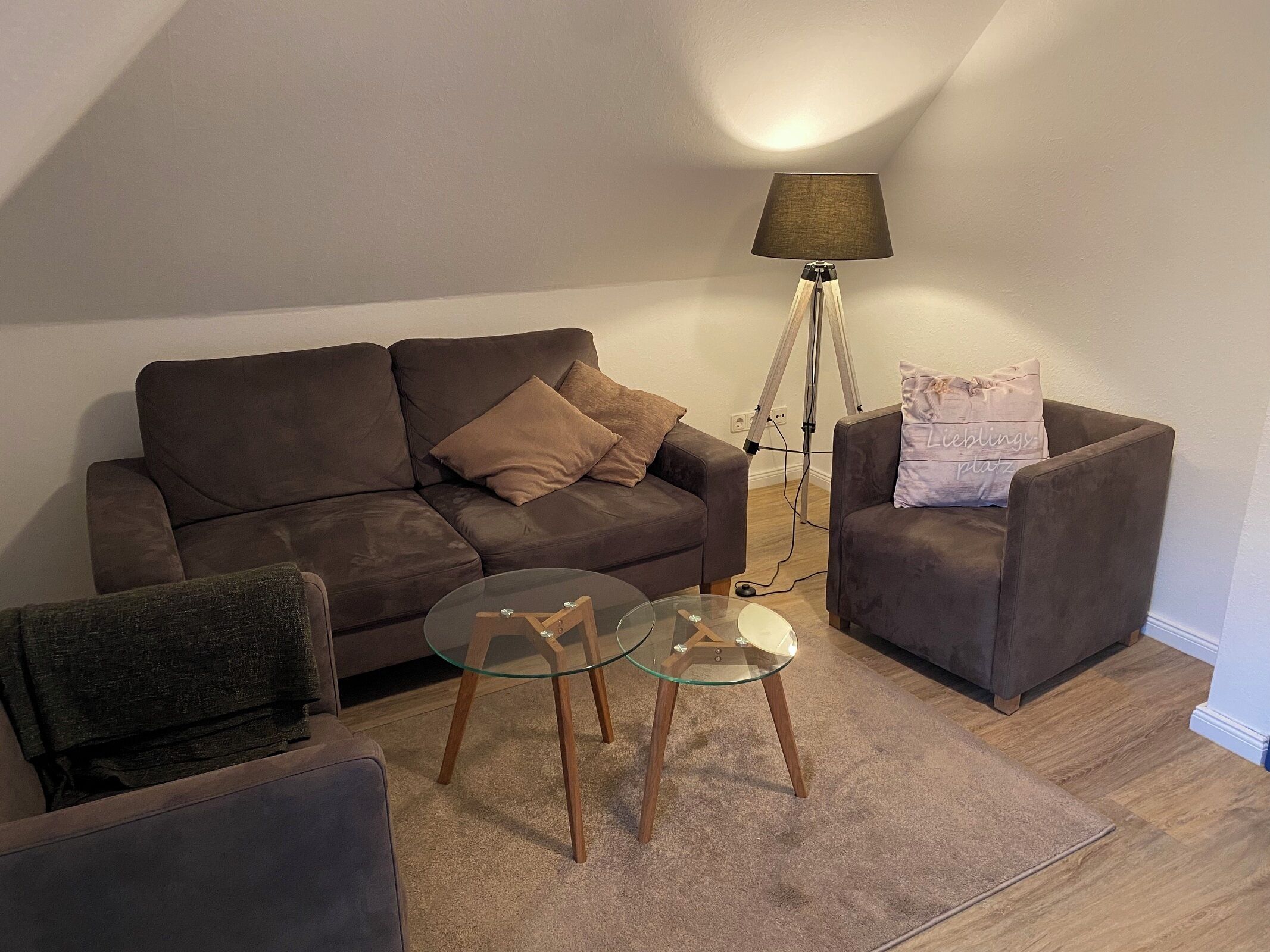 Ein Wohnzimmer mit einem braunen Sofa, einem Glastisch, einer Stehlampe und einem kleinen Sessel.