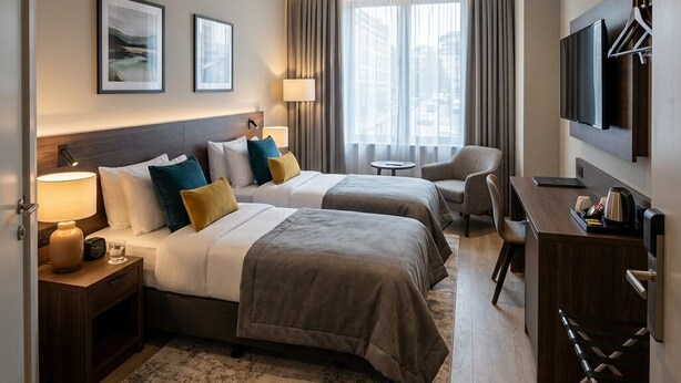 A hotel room with two beds, a desk, a TV, and a window with curtains.