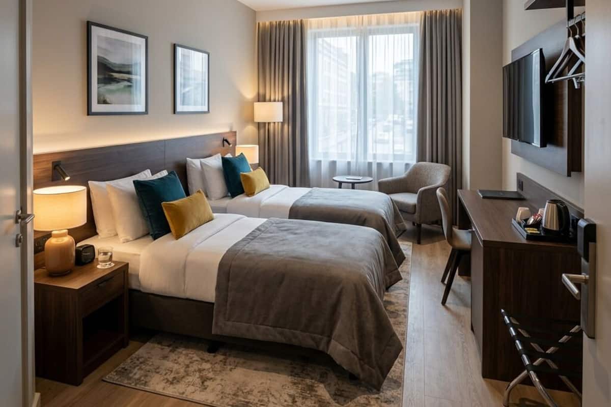 A hotel room with two beds, a desk, a TV, and a window with curtains.