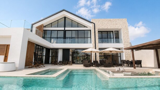 Un bâtiment moderne à deux étages, doté d’une piscine, d’un espace extérieur aménagé et d’une façade en pierre.