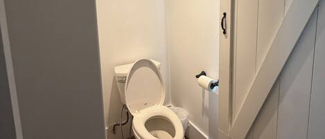 Un baño con inodoro, ducha y puerta con pomo negro.