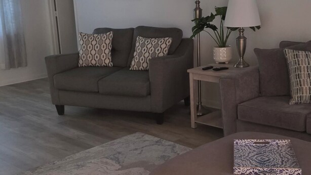 A living room with a sofa, a side table with a lamp, a rug, and two paintings on the wall. - Coastal Retreat/ 2BR/2BA Split Floor Plan / Minutes to Anna Maria Island & Beach (Bradenton)