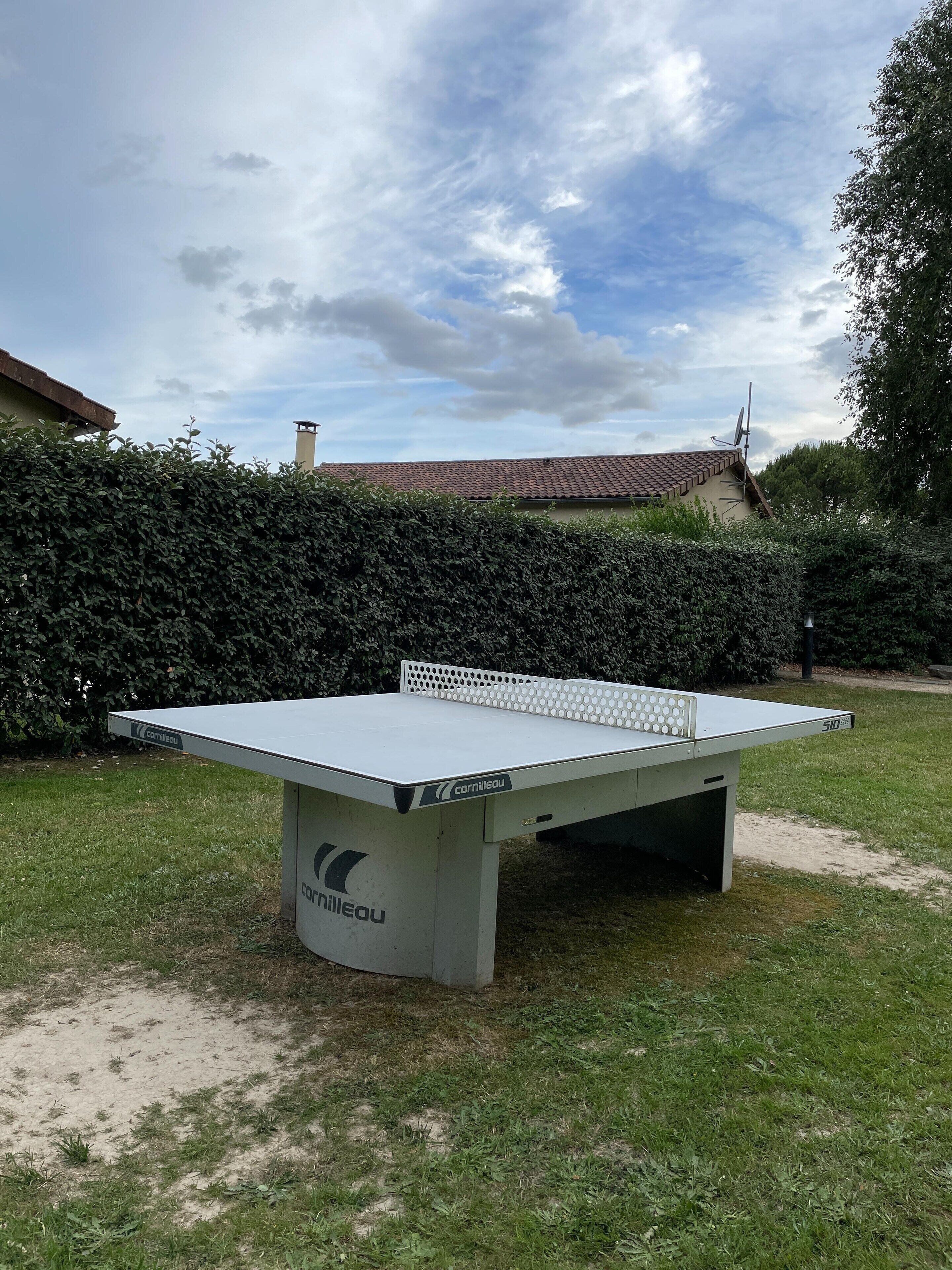 Ein Tischtennistisch draußen, im Hintergrund ein Heckenbusch und ein Gebäude.