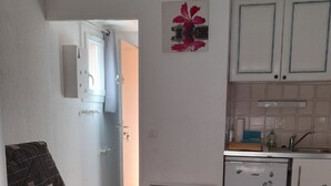 Ein kompakter Wohnbereich mit Schlafsofa, Küchenzeile und einer Tür zu einem weiteren Raum.