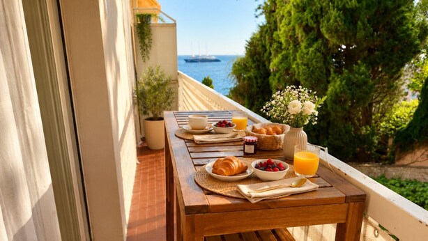 Ett träbord med frukostmat, en krukväxt och utsikt över havet.