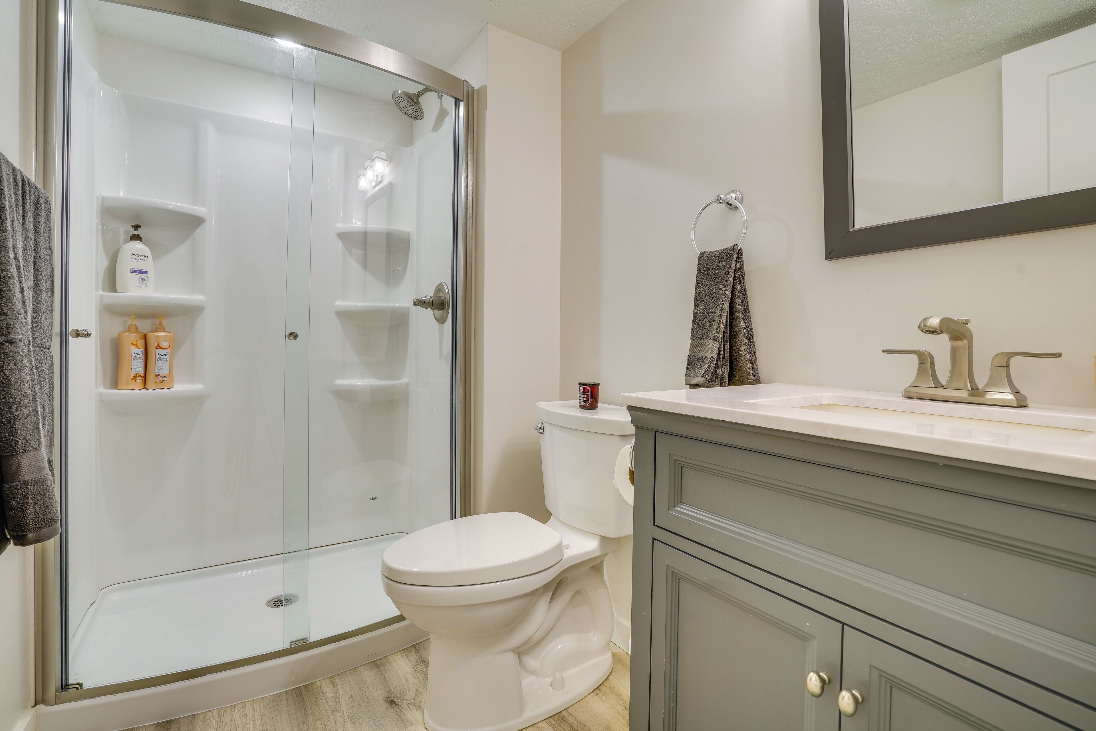 A bathroom with a glass-enclosed shower, a white toilet, and a vanity with a mirror.