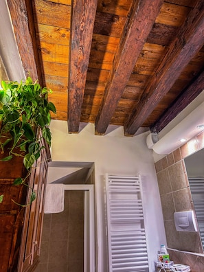Una stanza con travi in legno, una pianta in vaso, un termosifone, un asciugamano e una parete piastrellata.