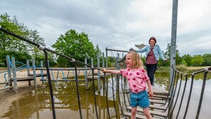 Een houten brug over water met metalen leuningen, omgeven door groen.