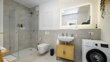 Shower, hair dryer, towels, shampoo