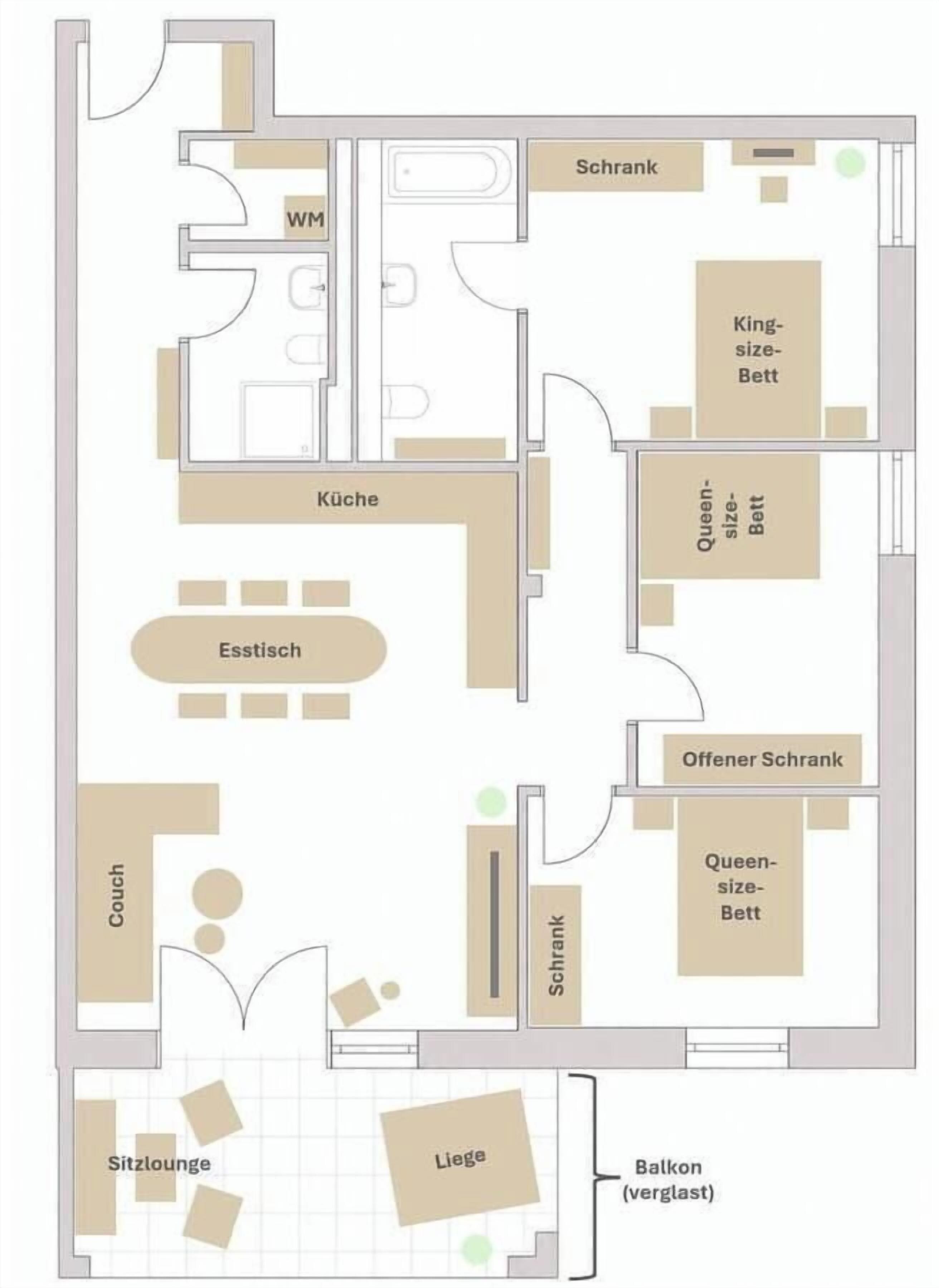 A hotel layout with a WC, kitchen, dining area, lounge, and balcony.