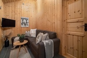 A wooden-paneled room with a sofa, a mounted TV, a framed picture, and a door.