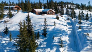 Una montagna innevata con chalet in legno e una pista da sci.