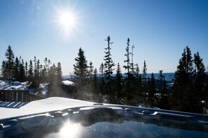 A snow-covered deck with a hot tub, surrounded by tall evergreen trees and a clear blue sky.