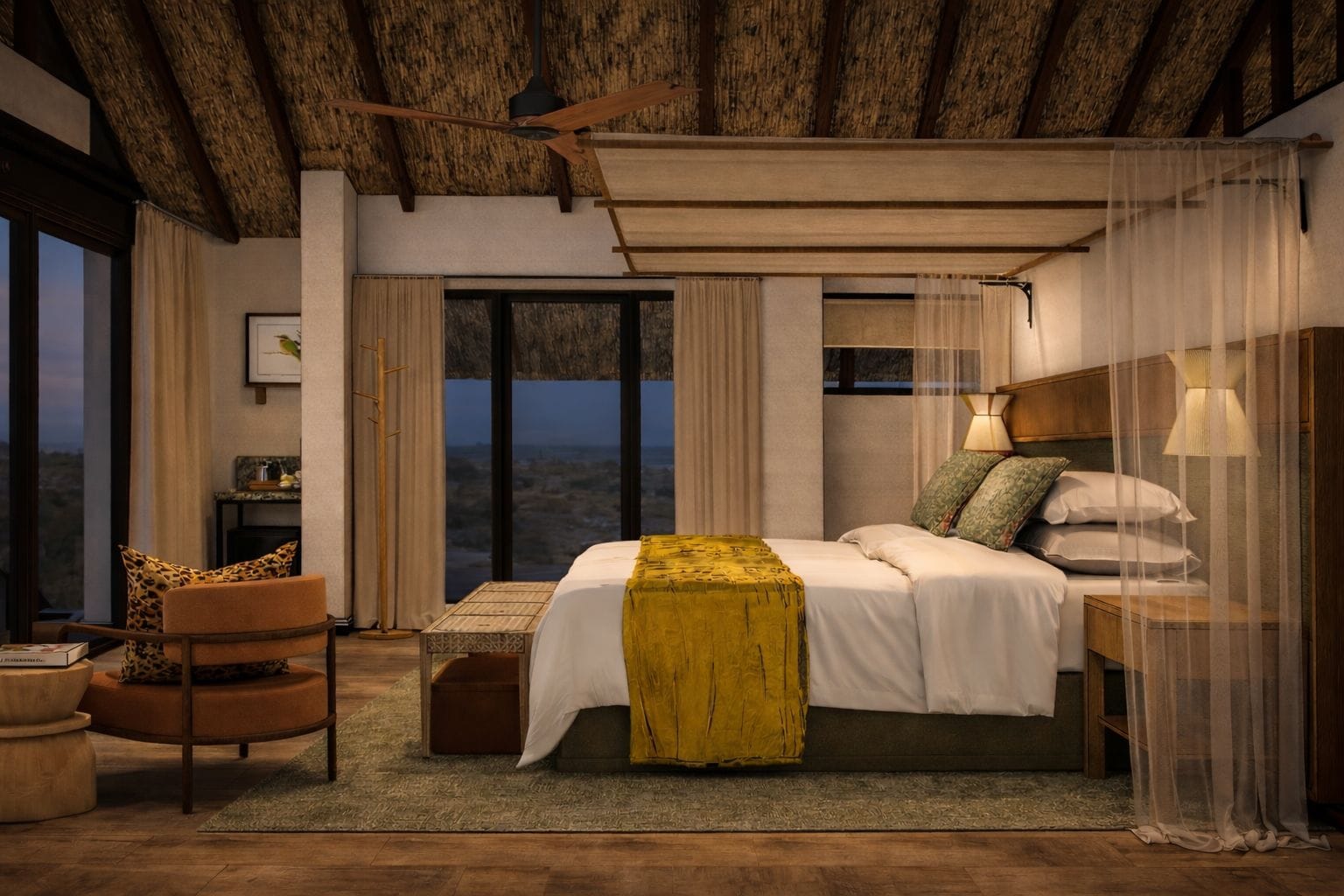 Un dormitorio con cama, una silla, mesita de noche, lámpara y vistas al exterior.