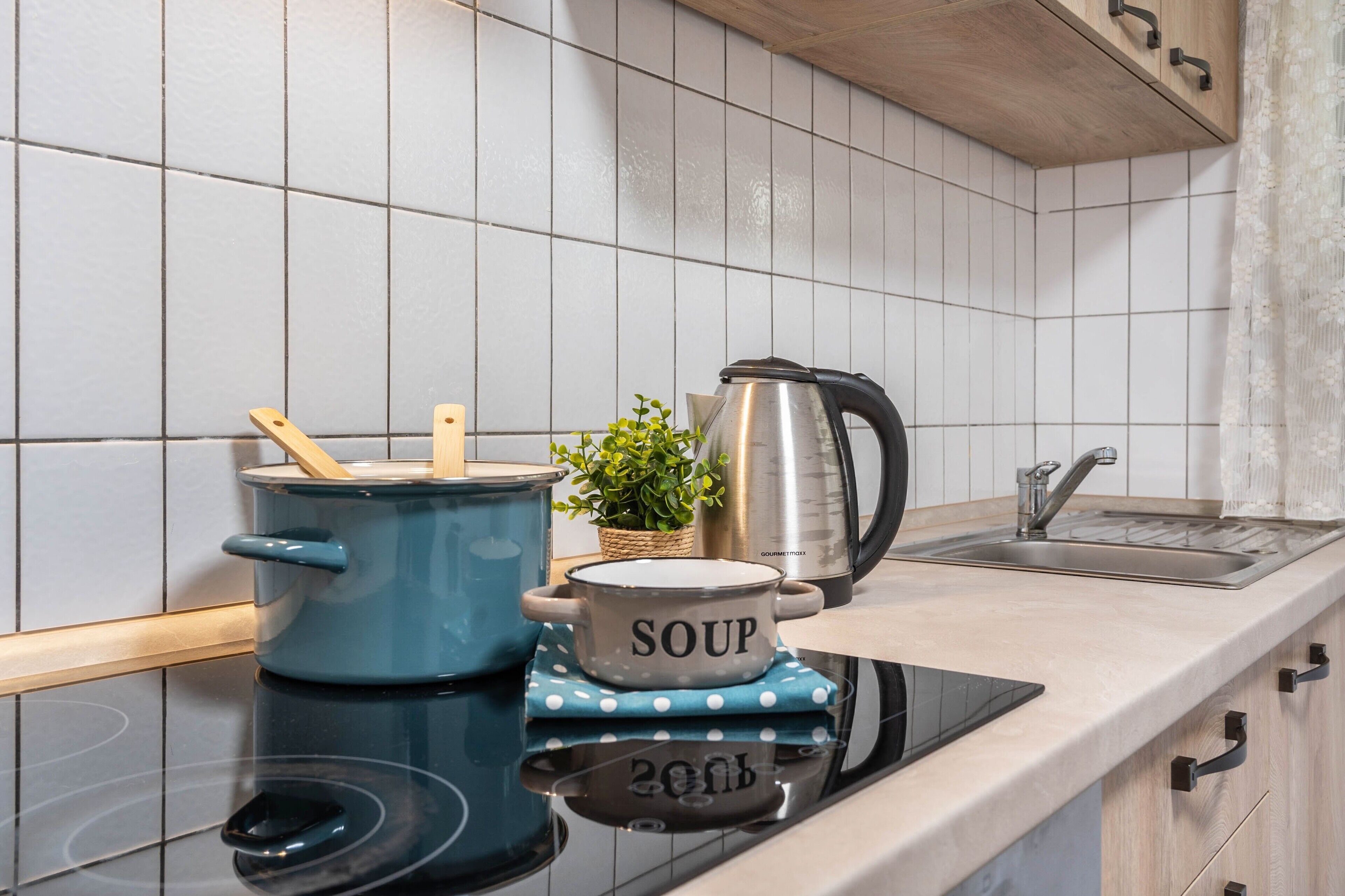 Fridge, oven, stovetop, electric kettle
