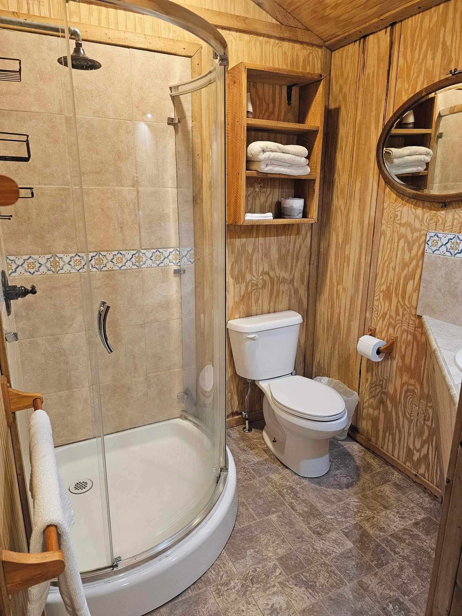 Suite Studio, 1 grand lit, vue montagne | Salle de bain | Douche, serviettes fournies, papier toilette