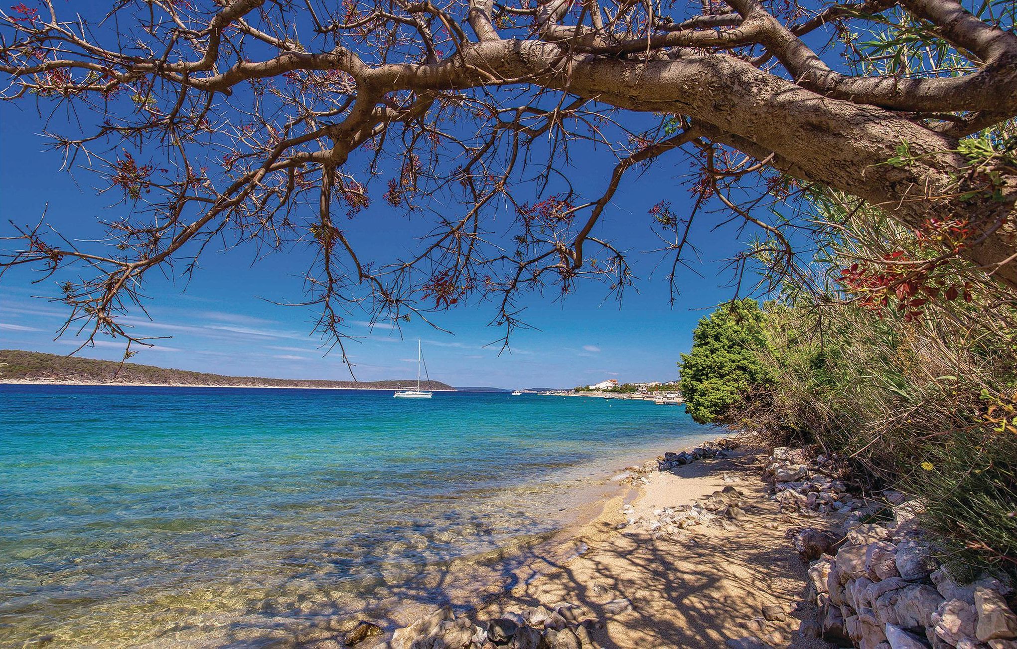 Paesaggio costiero con acque turchesi cristalline, spiaggia sabbiosa e una barca all'orizzonte.